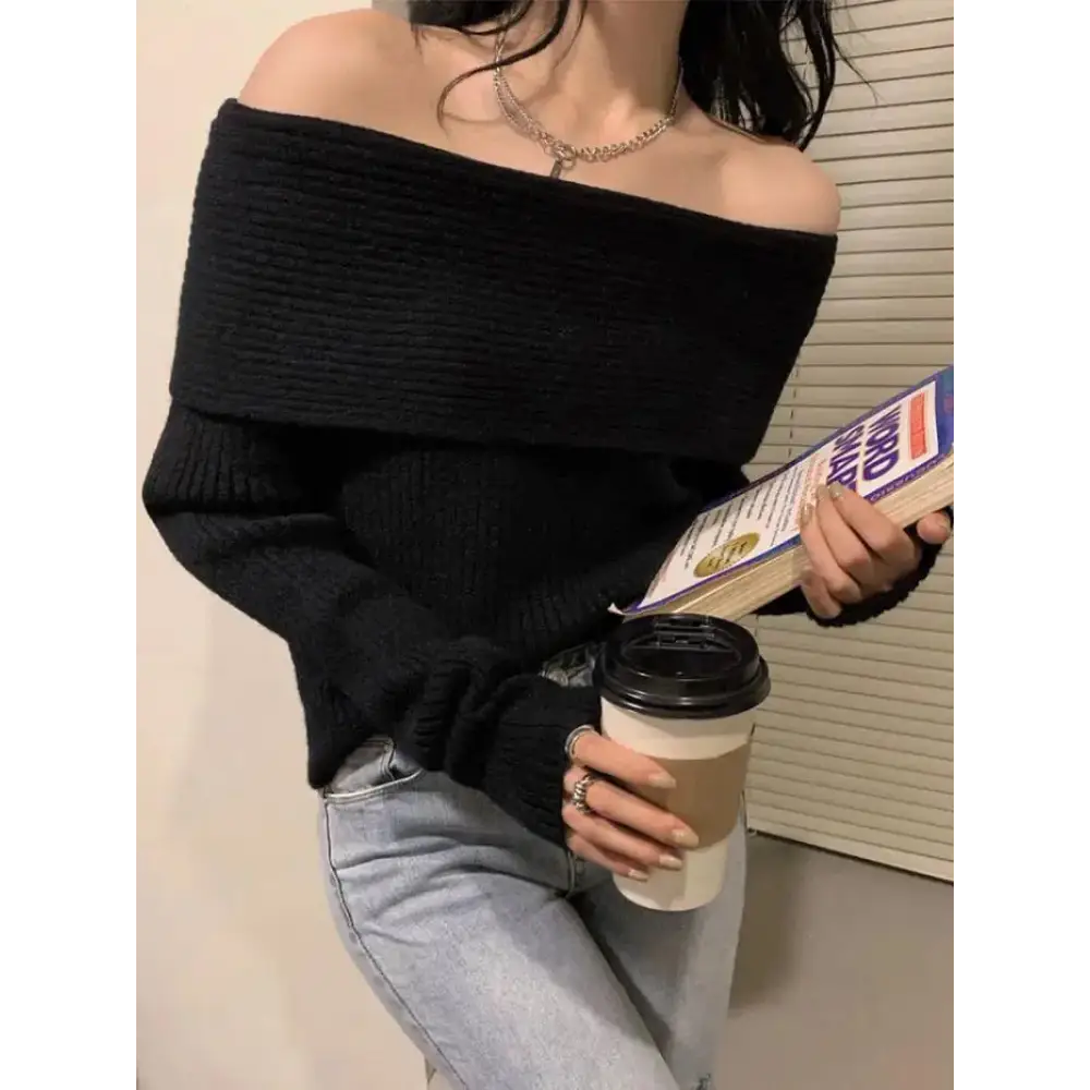 Off-shoulder knitted sweater with slight stretch for y2k style - black / s