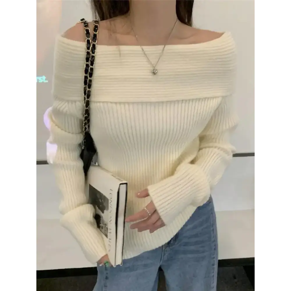 Off-shoulder knitted sweater with slight stretch for y2k style - cream / s