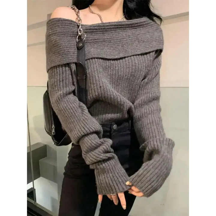 Off-shoulder knitted sweater with slight stretch for y2k style - gray / s