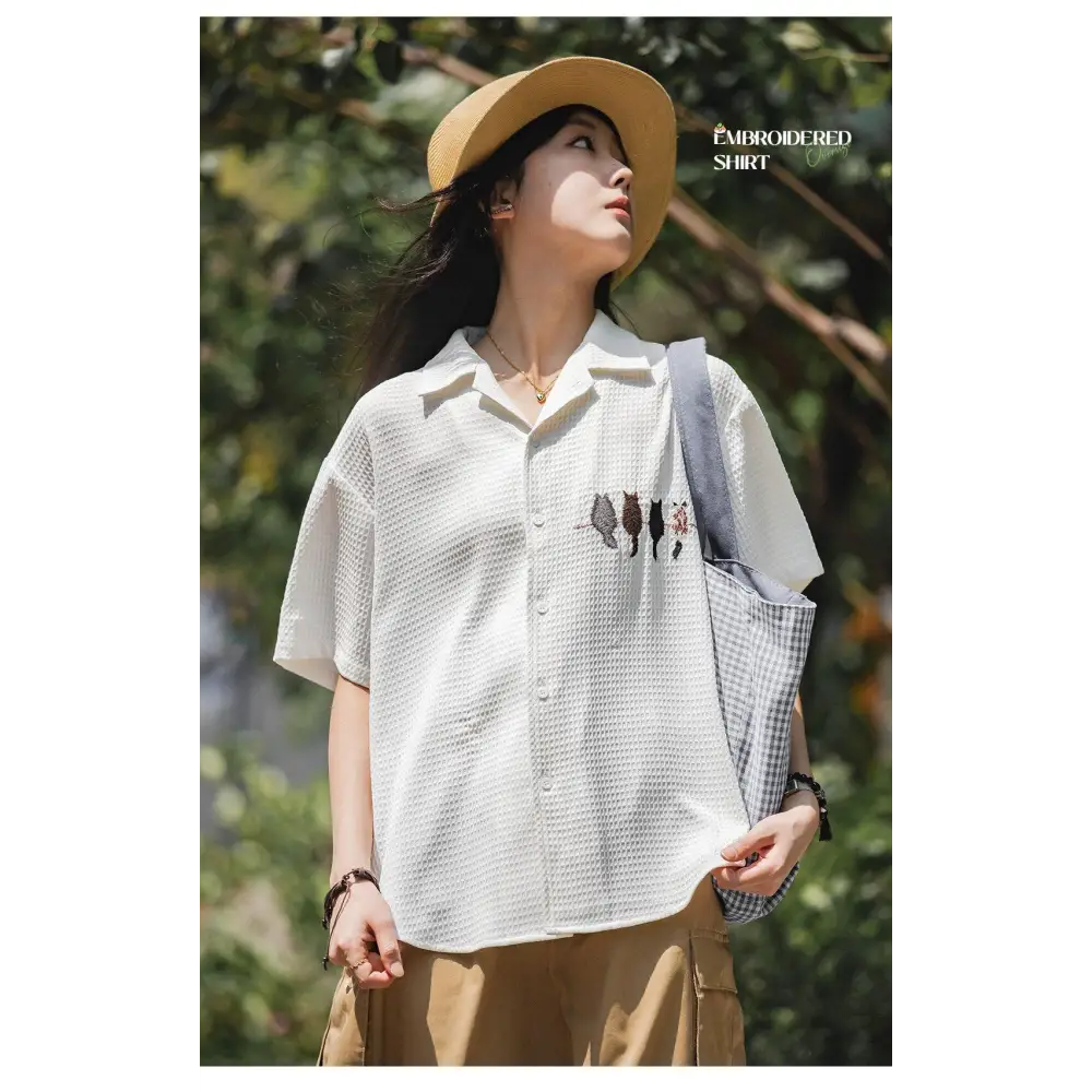 Cat embroidered shirt for a whimsical summer look - white / s