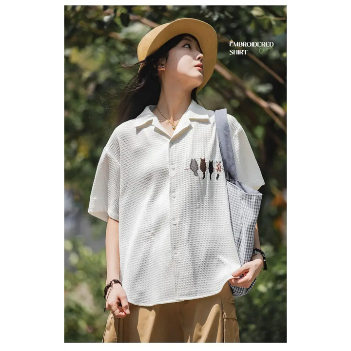 Cat embroidered shirt for a whimsical summer look - white / s