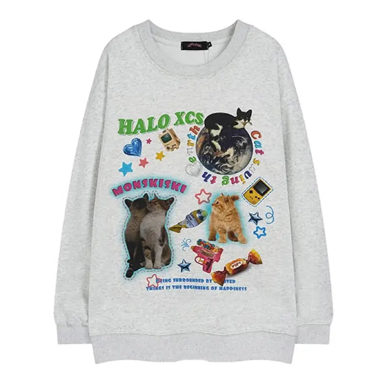 Cat planet graphic sweatshirt - s / grey - hoodie