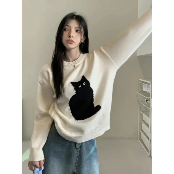 Cozy cat embroidered sweater in knitted material for y2k style