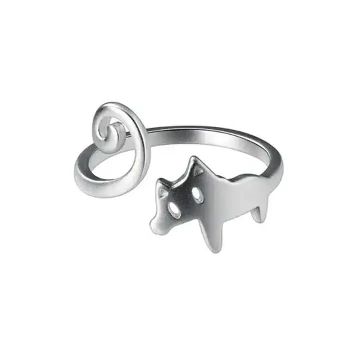 Cat with long tail ring - adjustable / silver - ring