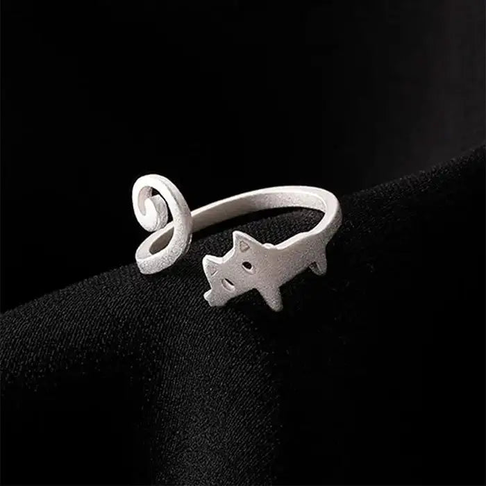 Cat with long tail ring - adjustable / silver - ring