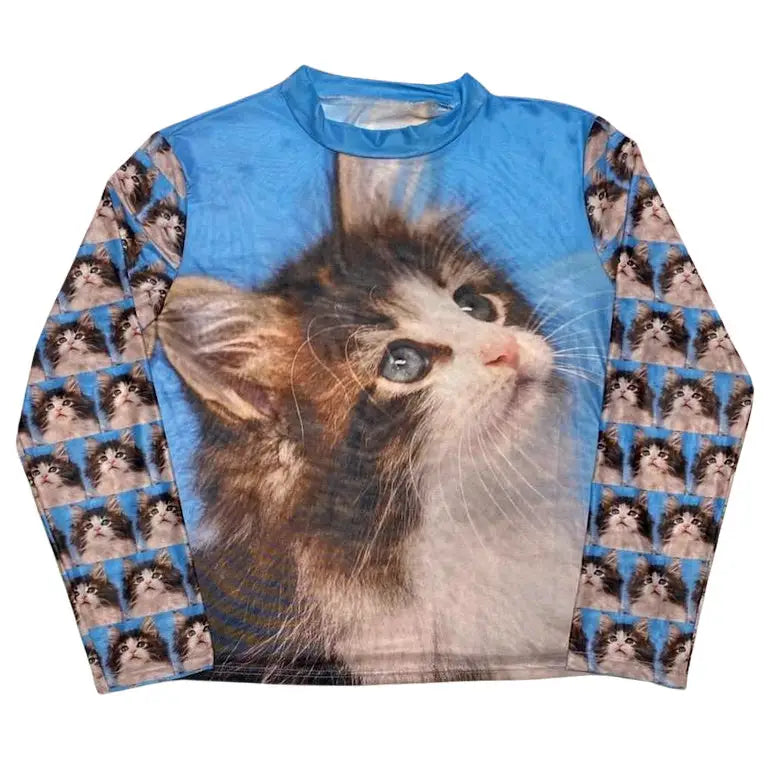 Cats everywhere graphic long sleeve - s / blue - tops