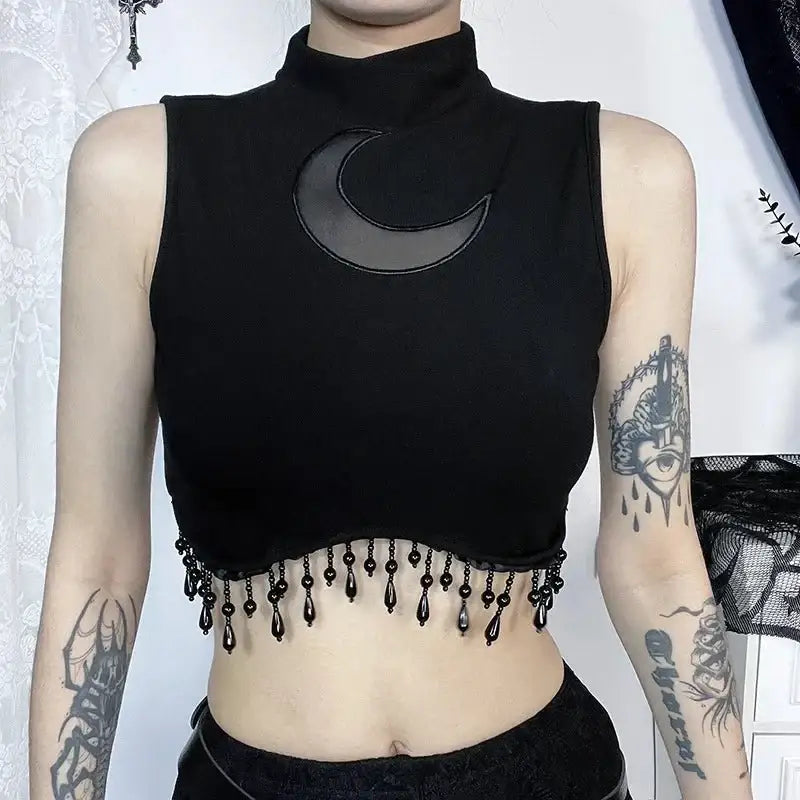 Celestial moon turtleneck tank top - black / s