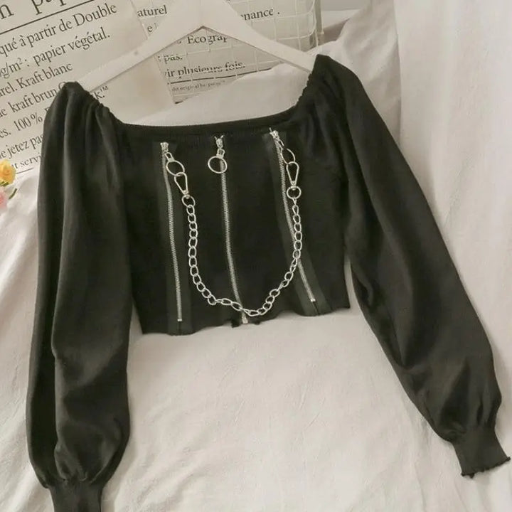 Y2k long sleeve square-neck crop top with chain and zipper details