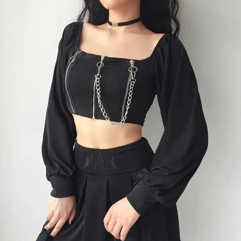 Y2k long sleeve square-neck crop top with chain and zipper details - black / one size