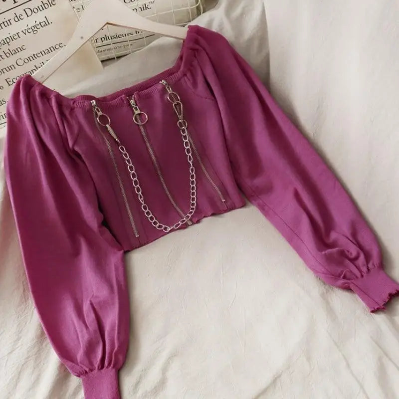 Y2k long sleeve square-neck crop top with chain and zipper details - fuchsia / one size