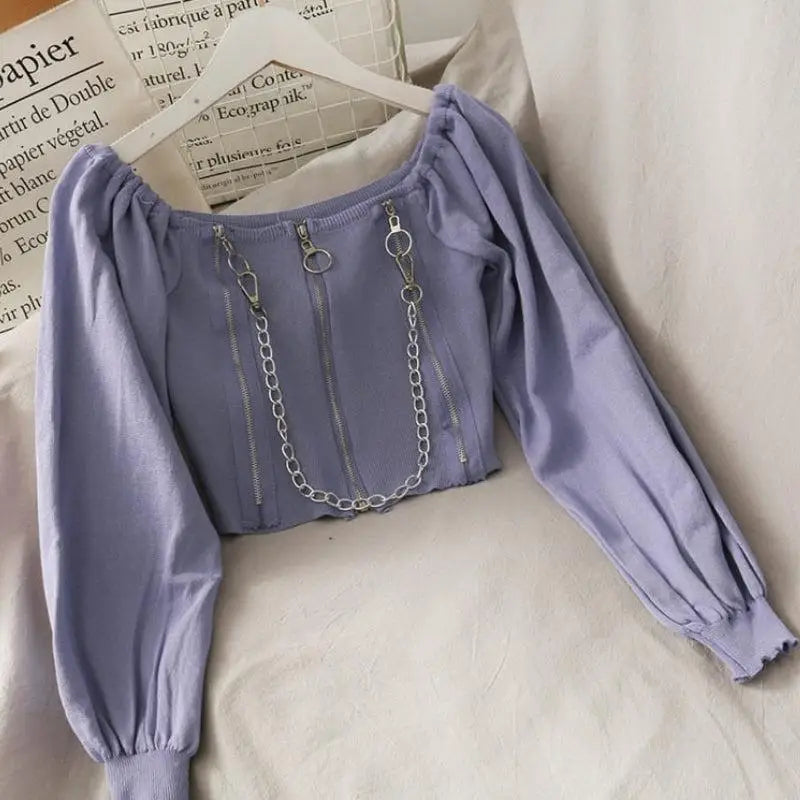 Y2k long sleeve square-neck crop top with chain and zipper details - purple / one size