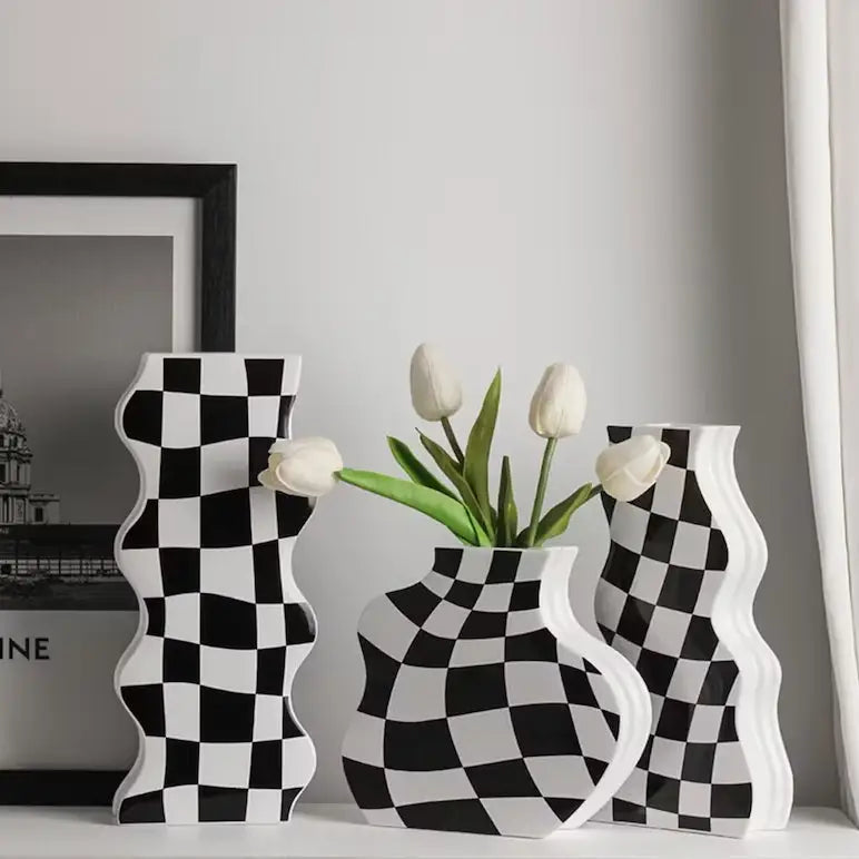 Checkered ceramic vase for aesthetic room decor