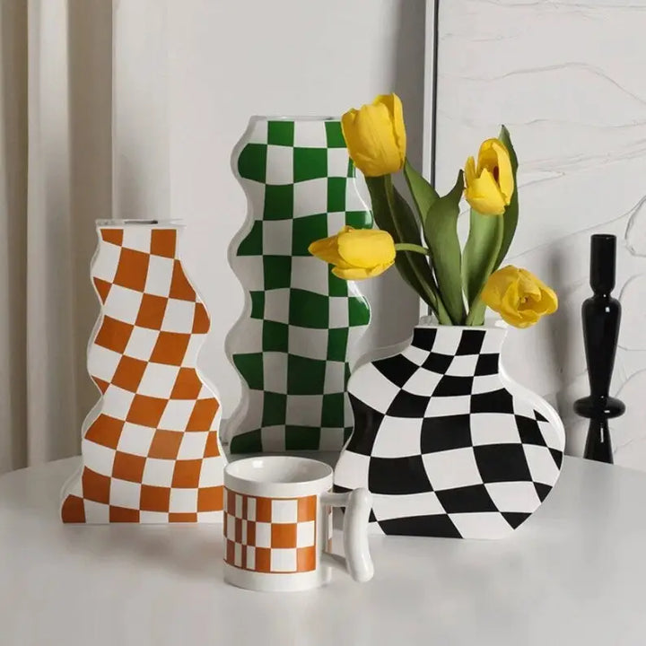 Checkered ceramic vase for aesthetic room decor