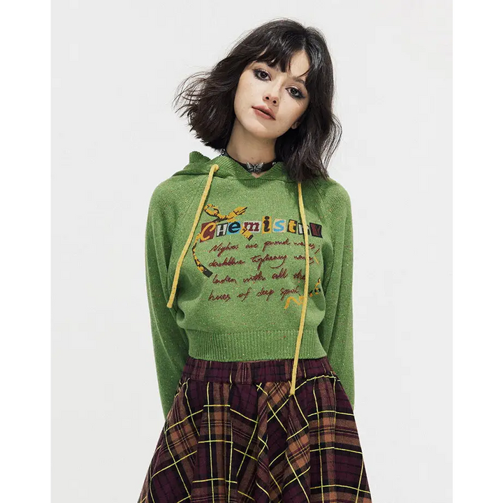 Preppy green cropped hoodie with chemistry print and ruffled collar