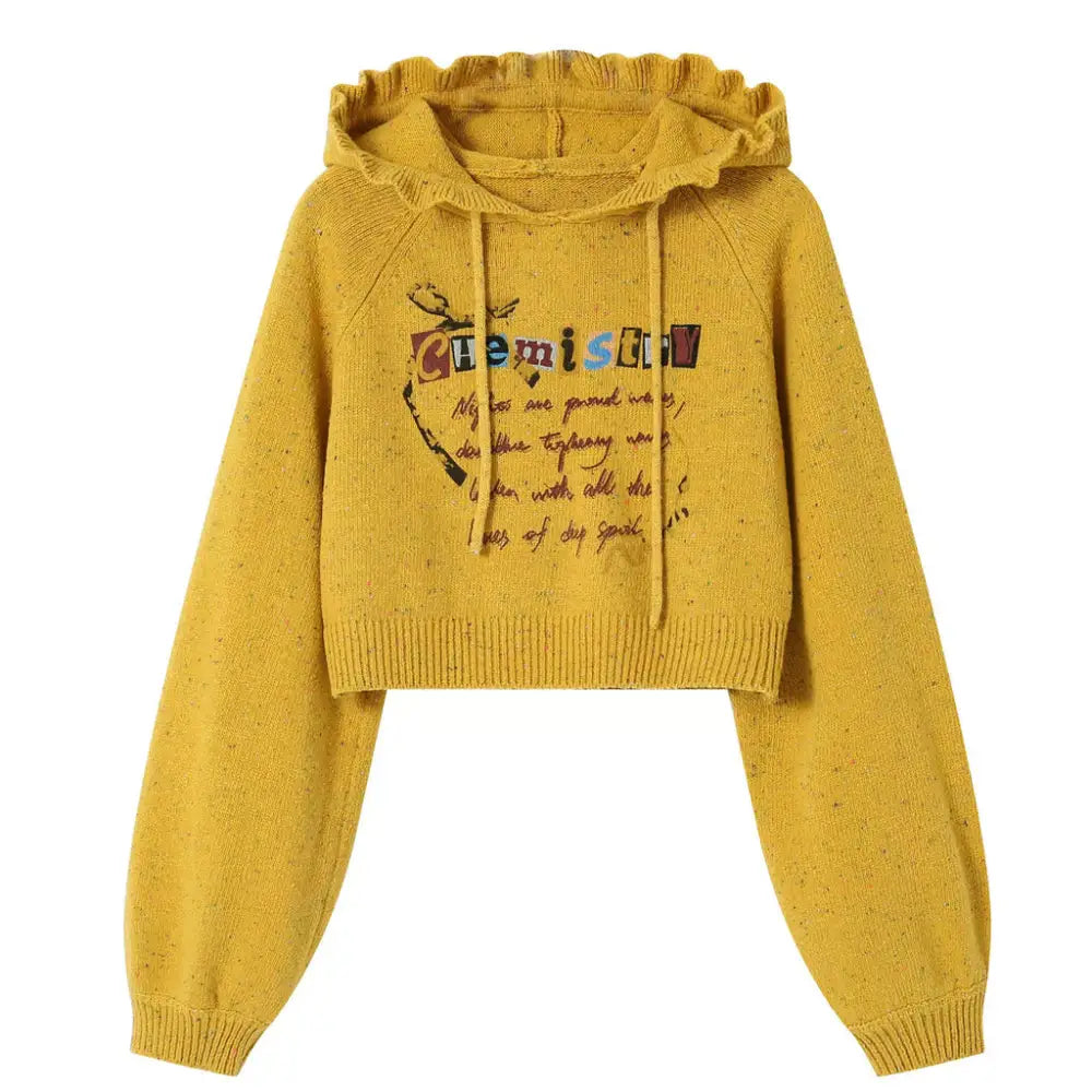 Preppy green cropped hoodie with chemistry print and ruffled collar - m / yellow