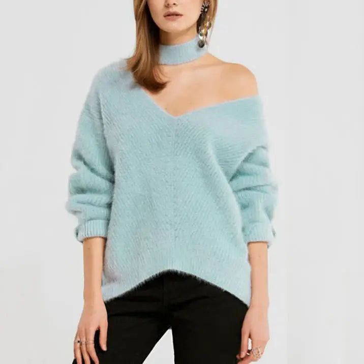 Choker neck asymmetric sweater - sweaters