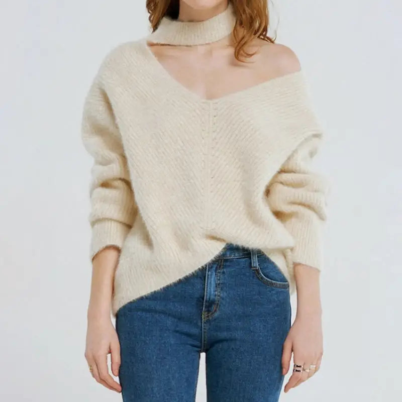 Choker neck asymmetric sweater - sweaters