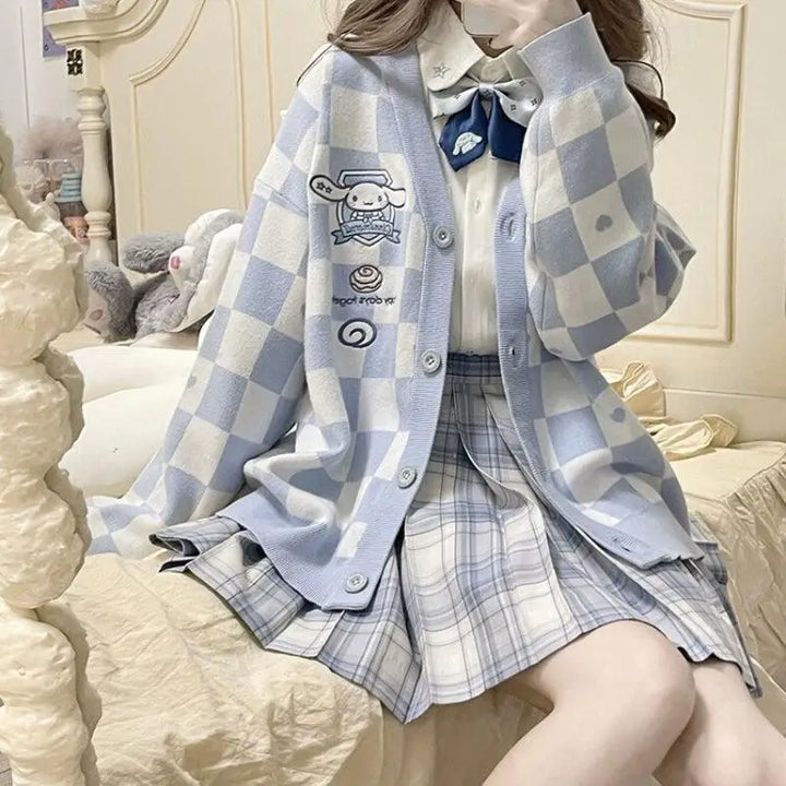 Kawaii blue cardigan with cinnamoroll embroidery for a playful look