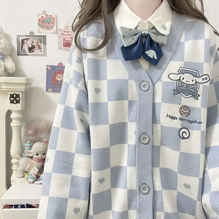 Kawaii blue cardigan with cinnamoroll embroidery for a playful look