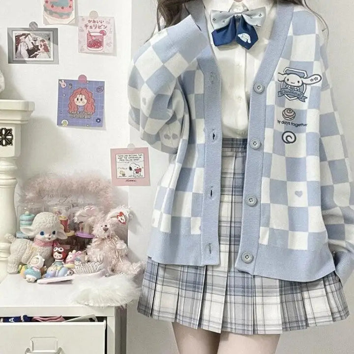 Kawaii blue cardigan with cinnamoroll embroidery for a playful look