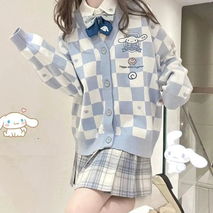 Kawaii blue cardigan with cinnamoroll embroidery for a playful look