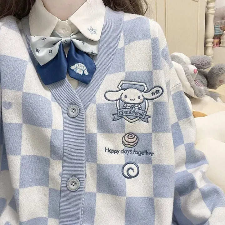 Kawaii blue cardigan with cinnamoroll embroidery for a playful look