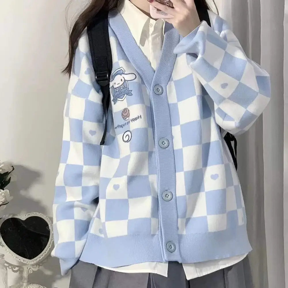 Kawaii blue cardigan with cinnamoroll embroidery for a playful look - s