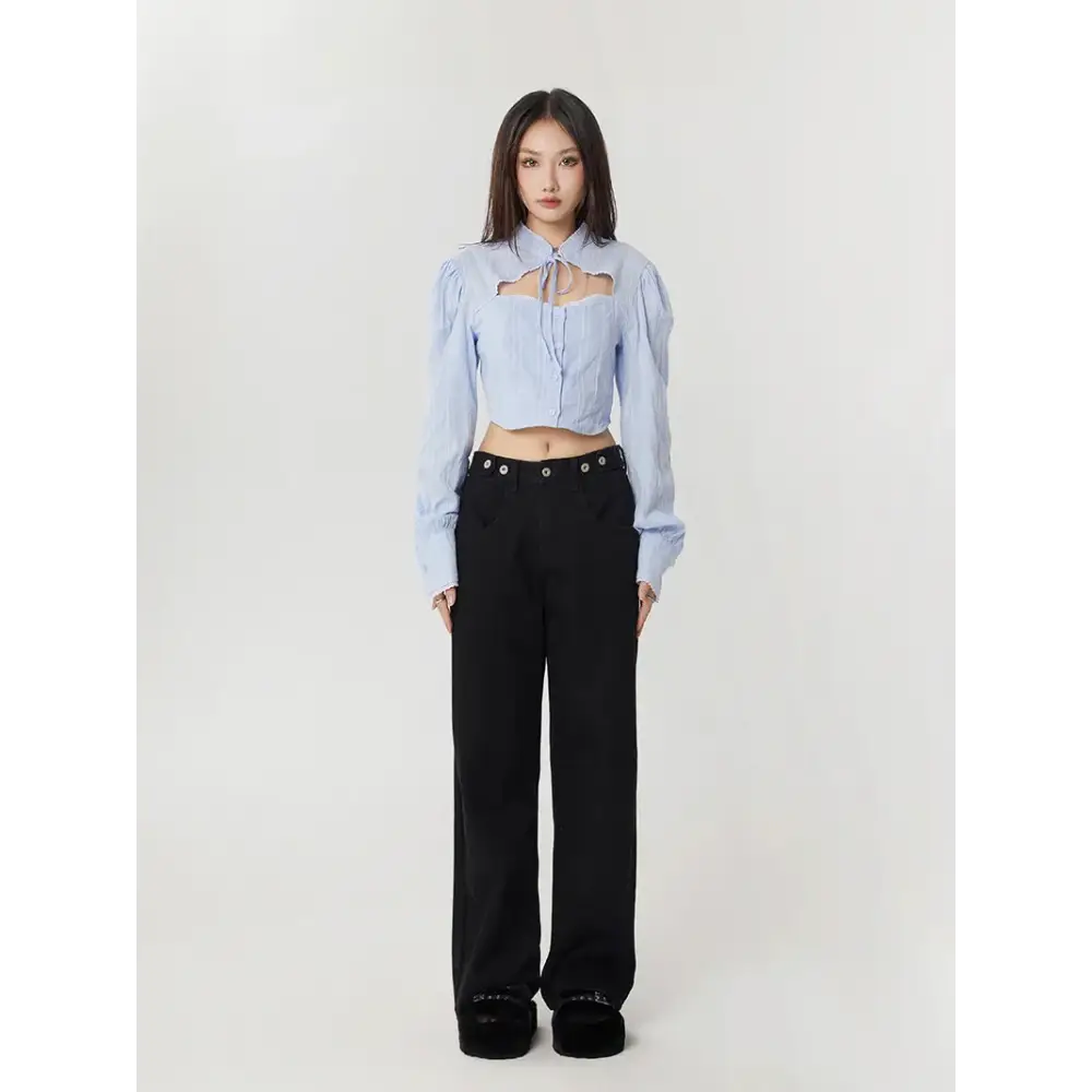 Classiccore cut out crop shirt with lace accents for y2k style - light blue / s