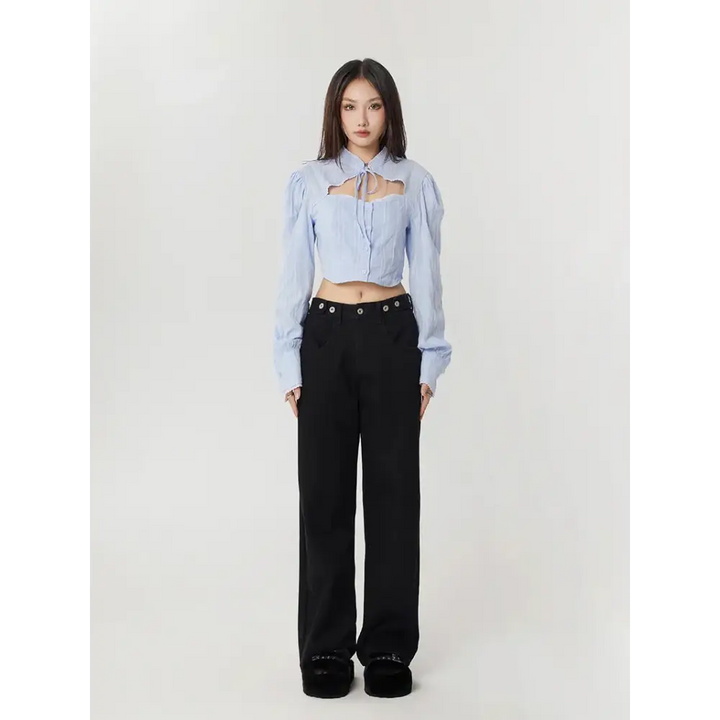 Classiccore cut out crop shirt with lace accents for y2k style - light blue / s