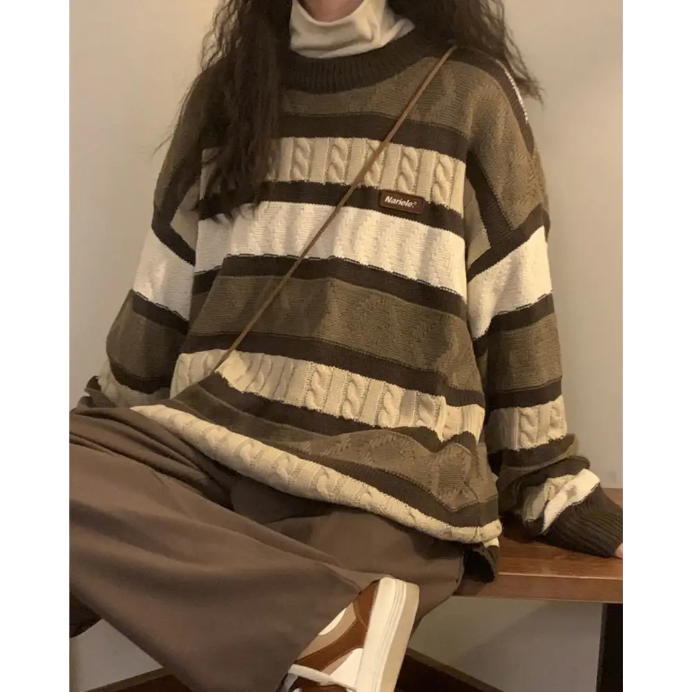 Vintage brown striped sweater full zip y2k style for women - m / sweaters