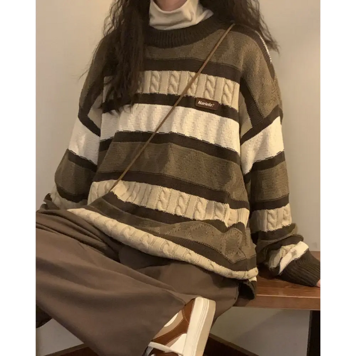 Vintage brown striped sweater full zip y2k style for women - m / sweaters