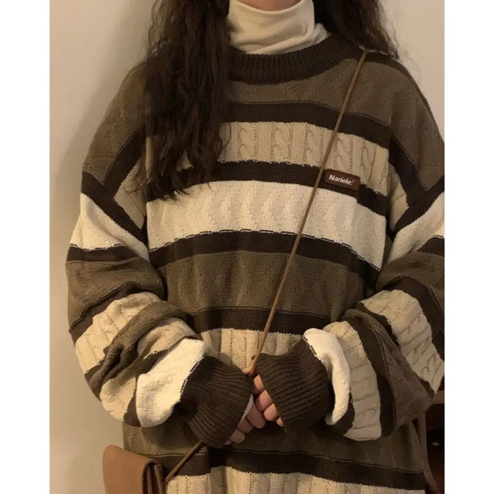 Vintage brown striped sweater full zip y2k style for women - sweaters