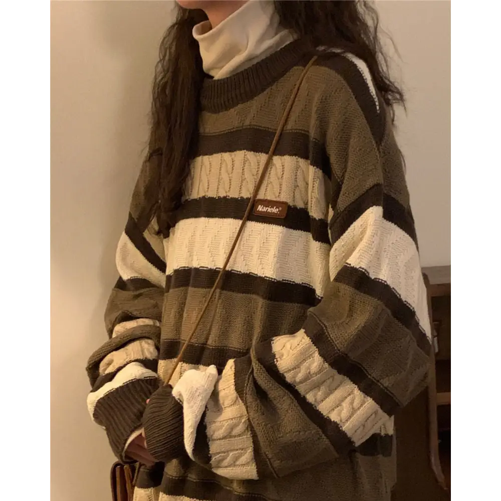 Vintage brown striped sweater full zip y2k style for women - sweaters