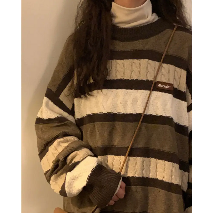 Vintage brown striped sweater full zip y2k style for women - sweaters