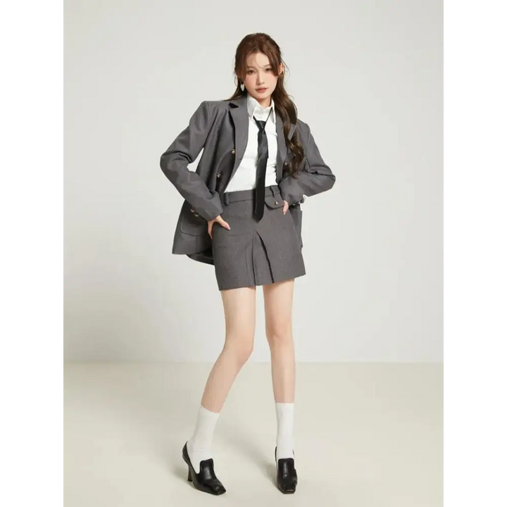 College style blazer and mini skirt set for a chic look - (blazer + skirt + shirt) / s - two piece sets