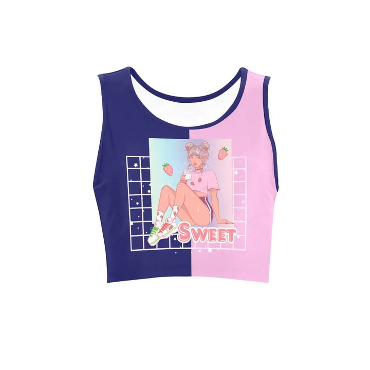 Color block cartoon crop top - xs / blue and pink - women’s (t42)