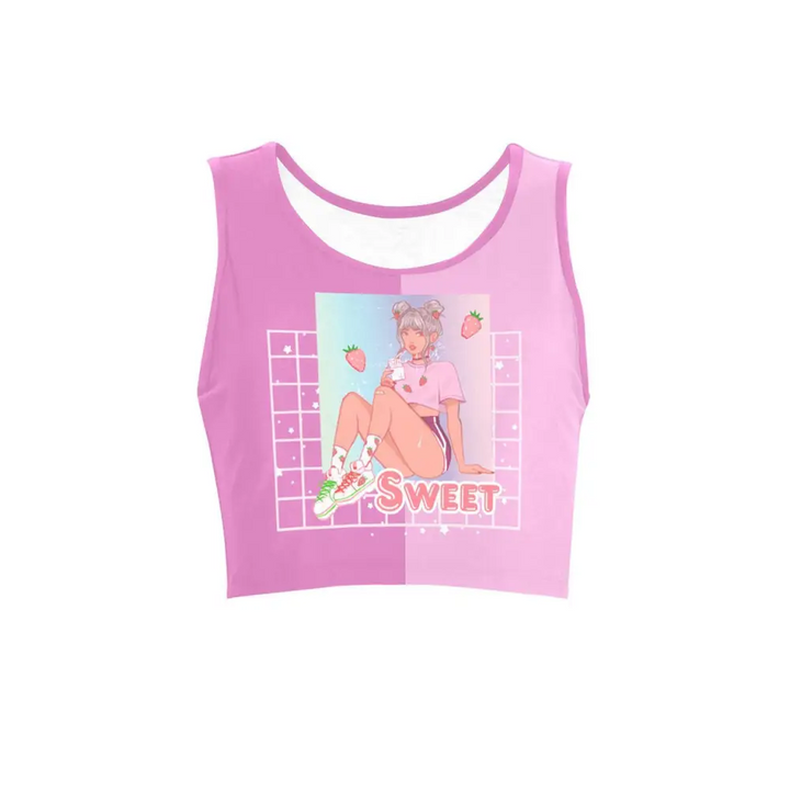 Color block cartoon crop top - xs / rose and pink - women’s (t42)