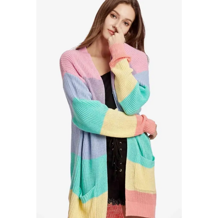 Color block kawaii cardigan with drop shoulder design