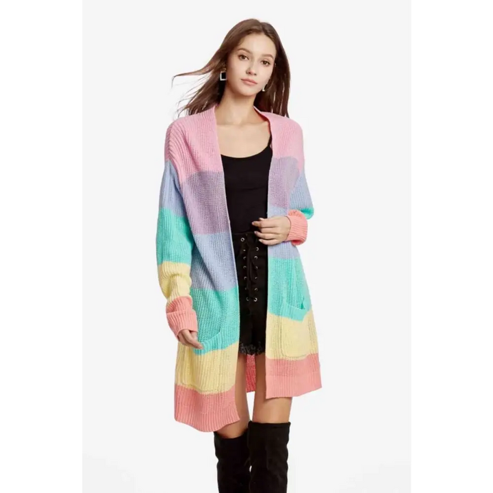 Color block kawaii cardigan with drop shoulder design - multi / s