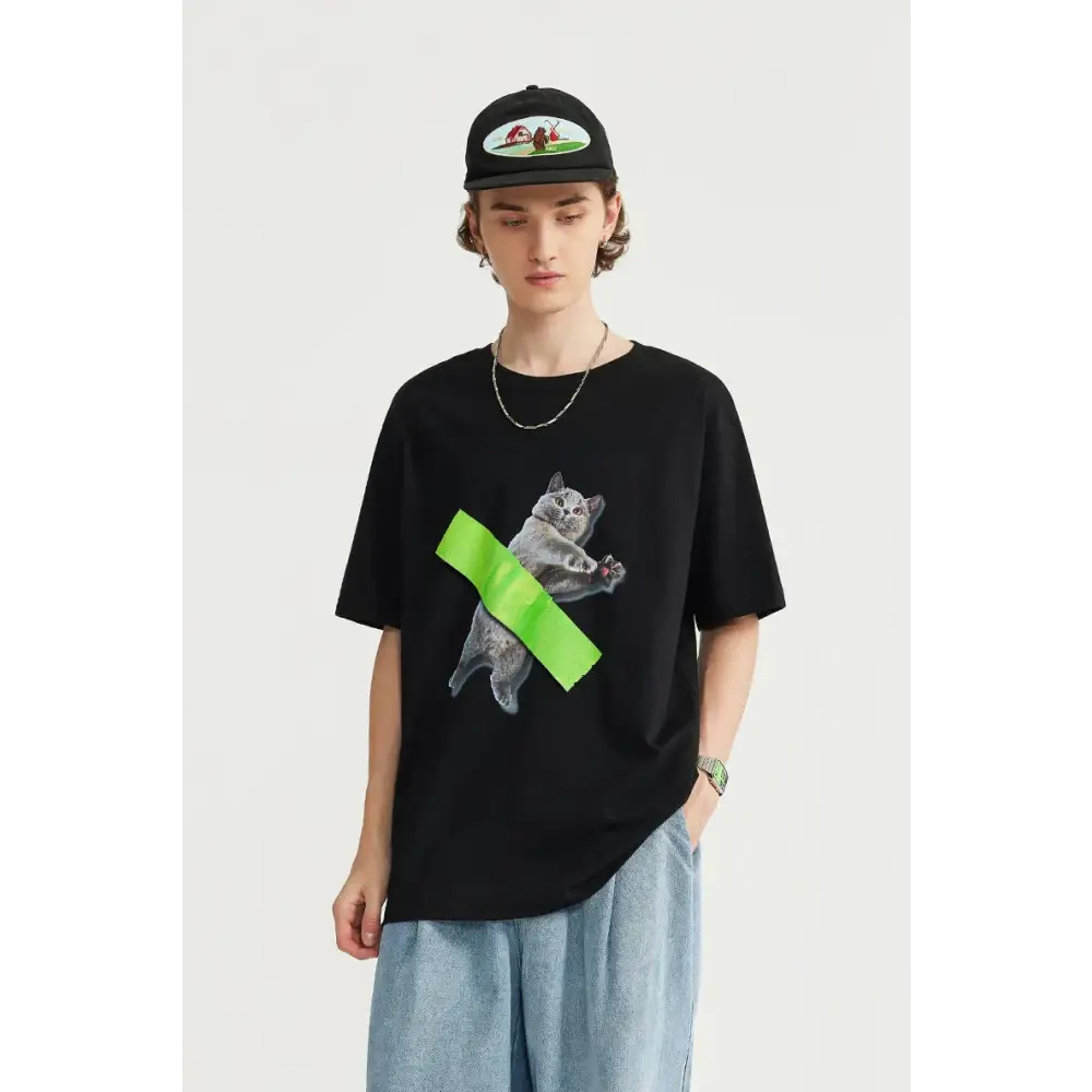 Y2k cat graphic oversized t-shirt for playful wardrobe style - black / m - tee