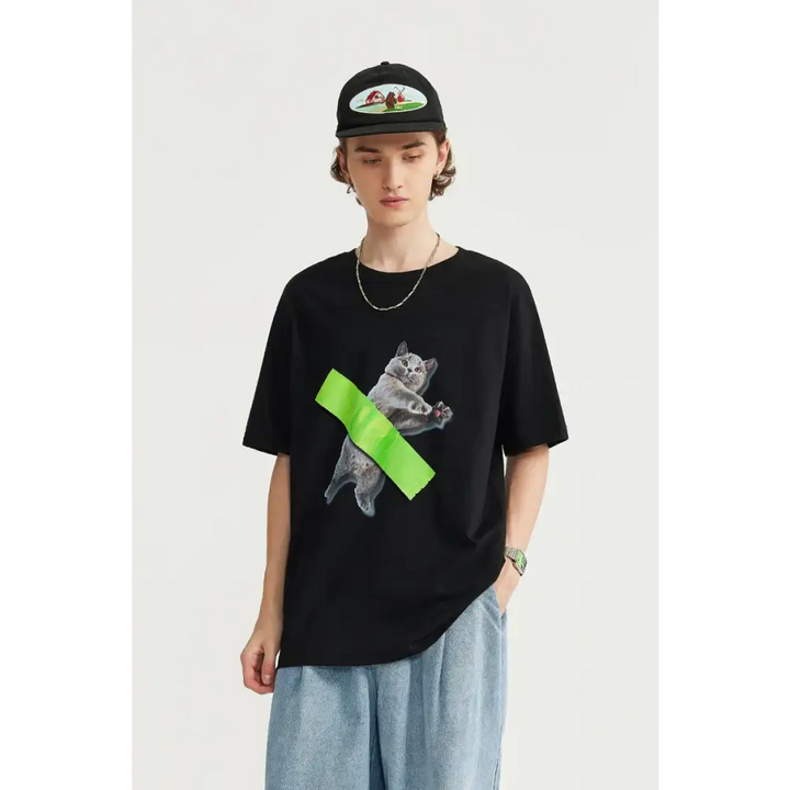 Y2k cat graphic oversized t-shirt for playful wardrobe style - black / m - tee