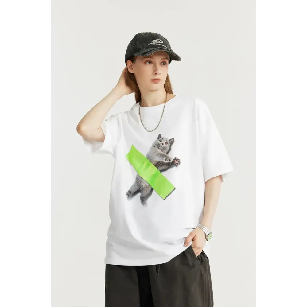 Y2k cat graphic oversized t-shirt for playful wardrobe style - white / m - tee