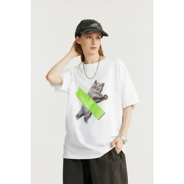 Y2k cat graphic oversized t-shirt for playful wardrobe style - white / m - tee