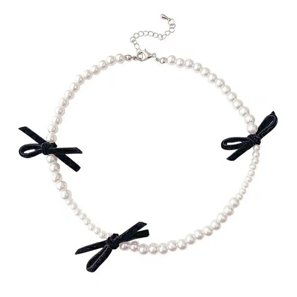 Coquette aeshetic pearl bow choker - standart / white/black - necklace