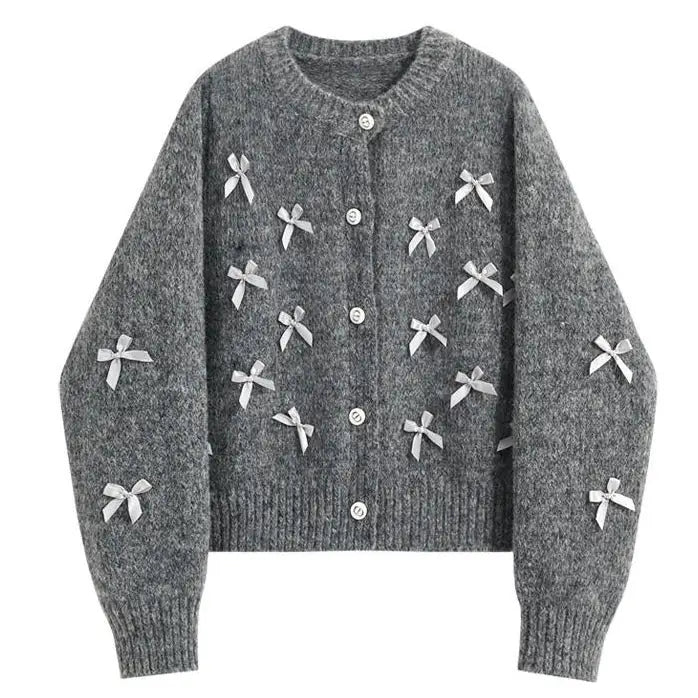 Coquette aesthetic grey cardigan with bows for cozy style - s