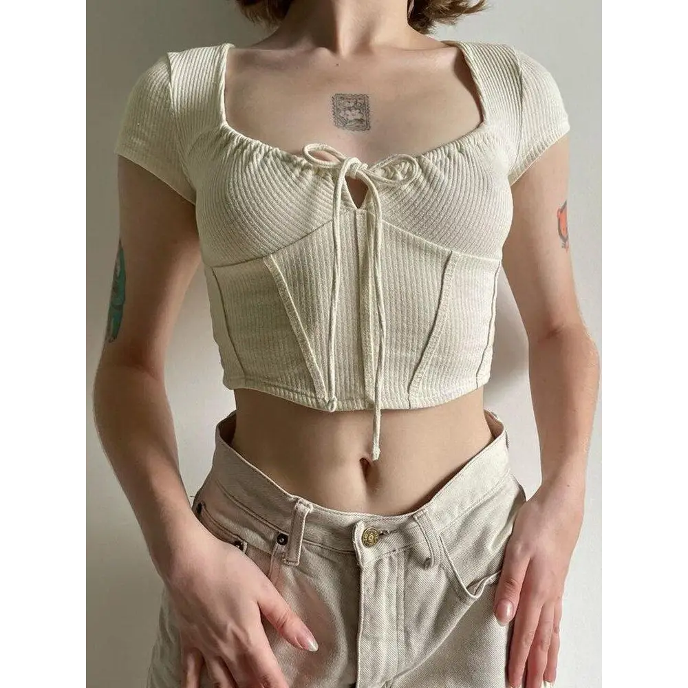 Beige coquette aesthetic corset with square neckline and tie fastening - s - crop top