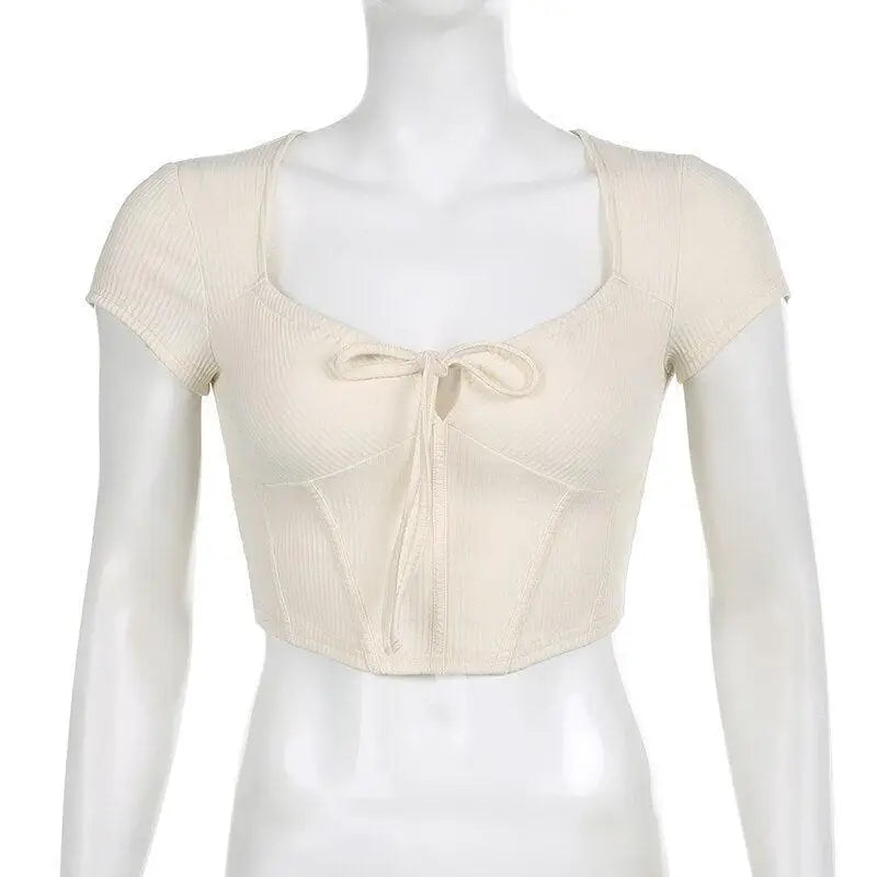 Beige coquette aesthetic corset with square neckline and tie fastening - crop top