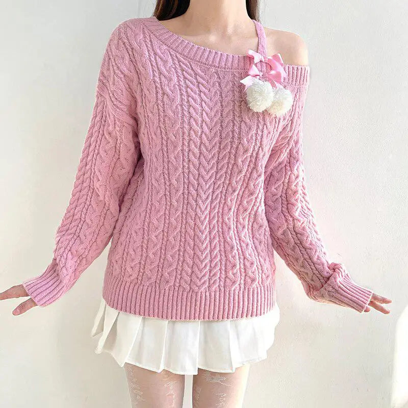 Soft pink knit sweater with cut-out shoulders and pompom details - s