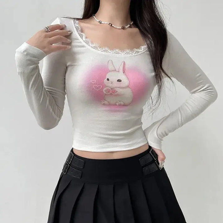 Cute rabbit crop top in white for coquette aesthetic style