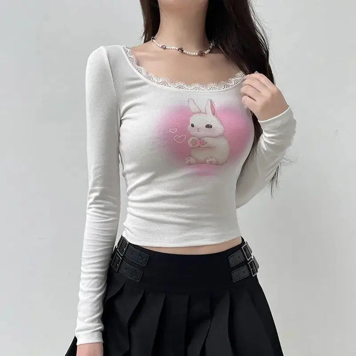 Cute rabbit crop top in white for coquette aesthetic style